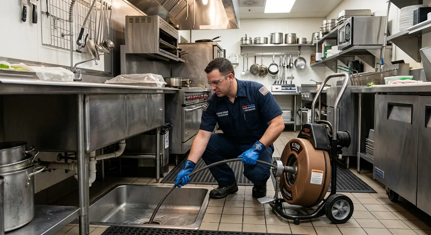 Commercial drain cleaning service in a restaurant kitchen in New Hanover