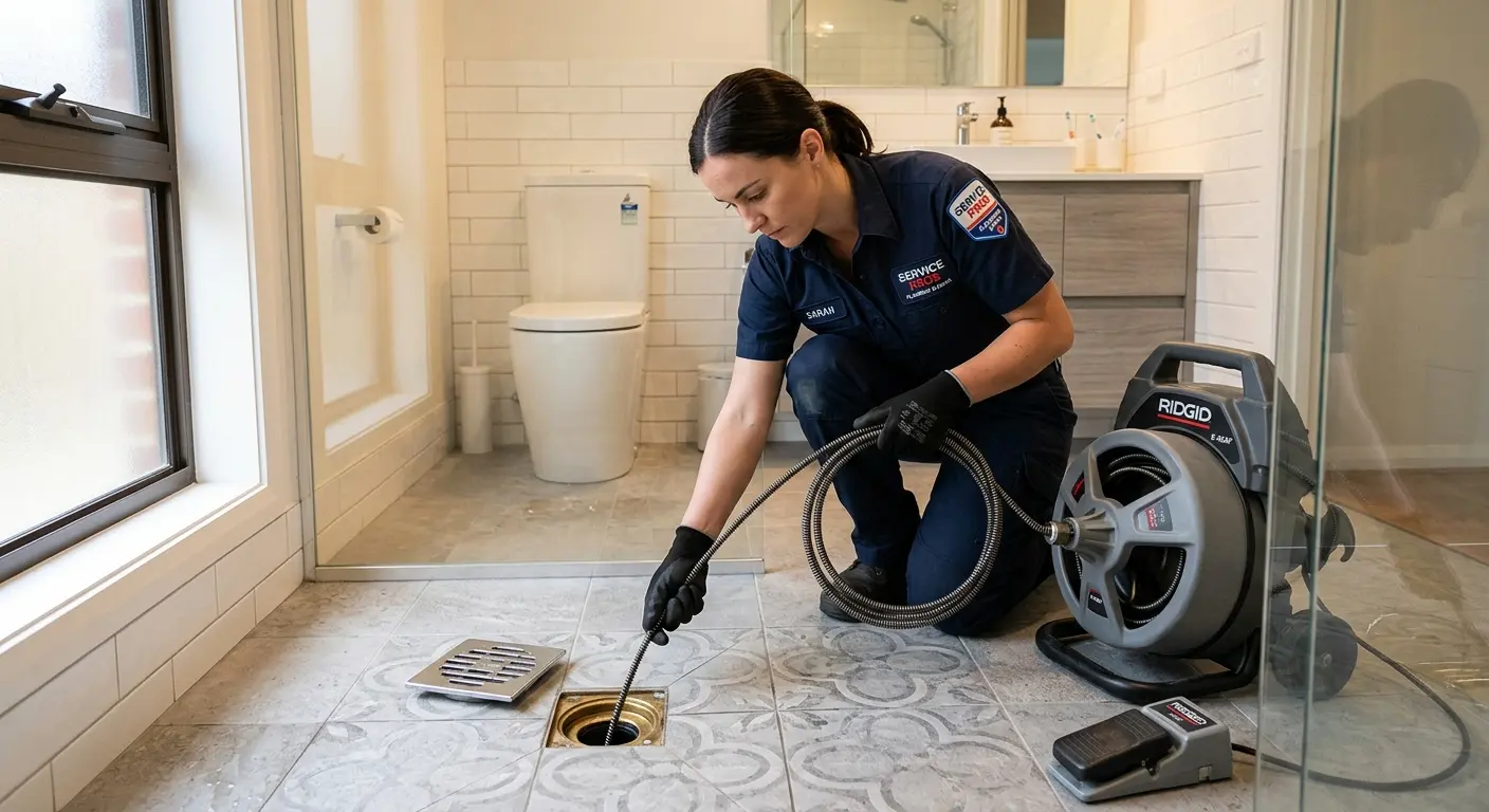 Technician clearing a bathroom floor drain for Hydro Jetting in New Hanover